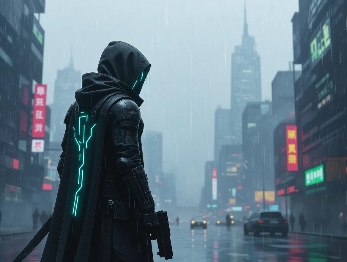 Solitary cyberpunk warrior on the left third of the frame. Body wrapped in ink-washed tech robes. Glowing teal cybernetic lines visible. Standing under falling rain. Dark abstract cityscape background. Composition follows rule of thirds. Mood is cinematic.