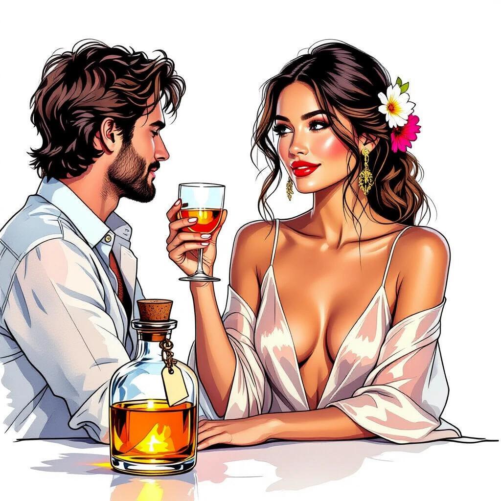 Highly detailed ink and watercolor illustration of a boho woman in mid-thirties offering a toast with a cocktail glass to a man. She has a flowing transparent wrap accentuating her curves and a flower in her hair. A corked apothecary bottle with a tag reading 'ALFRUNO' nearby, surrounded by roses and herbs.