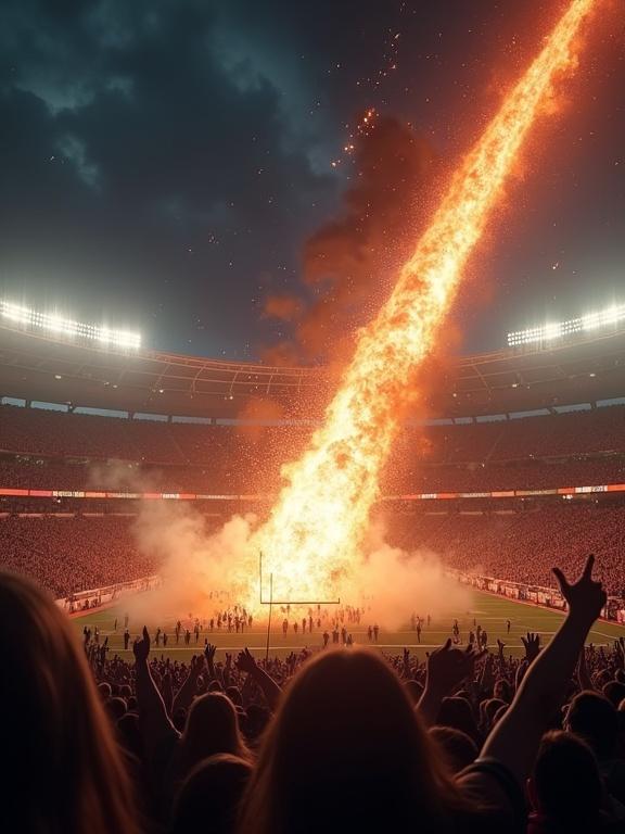 A meteor crashing into a football stadium. A massive meteor streaking through the night sky moments before impact. Crowded stadium with terrified spectators. Some covering faces others screaming trying to flee. Flames and debris erupting from impact. Eerie glow across the chaotic scene. Flickering stadium lights smoke fills the air.