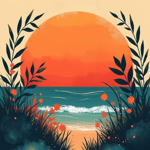 Abstract sea artwork featuring plants with a large burnt orange sunset. Vintage style suitable for boho home decor. High resolution 11k quality.