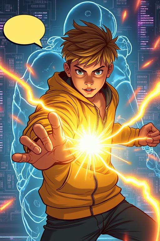 Action shot of a teenage boy in dynamic fighting pose. He shows powerful energy blast from his hand with golden-yellow aura. He wears mustard yellow zip-up jacket. His expression is intense and focused. His hair is short and light brown. The background is futuristic, filled with glowing screens and circuit boards. The lighting is dramatic, highlighting action. A speech bubble is above his head. The composition emphasizes dynamism and power.
