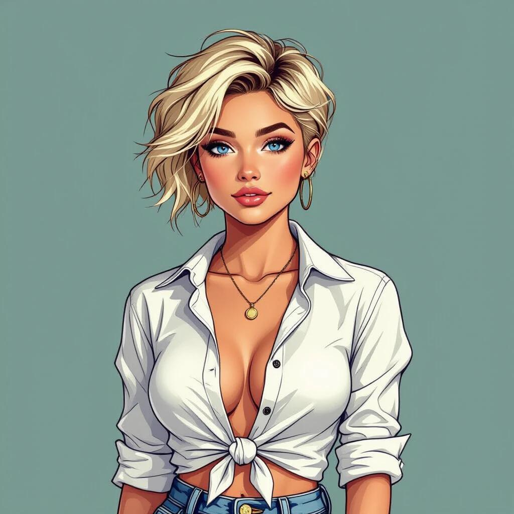 A styled illustration of a confident young woman sitting on a dirt bike. Blonde hair is tousled in a crew cut. She wears a knotted white long-sleeve shirt. The shirt is rolled up at the sleeves. She has on ripped denim shorts and black motorcycle boots. Her gaze is directed into the distance.