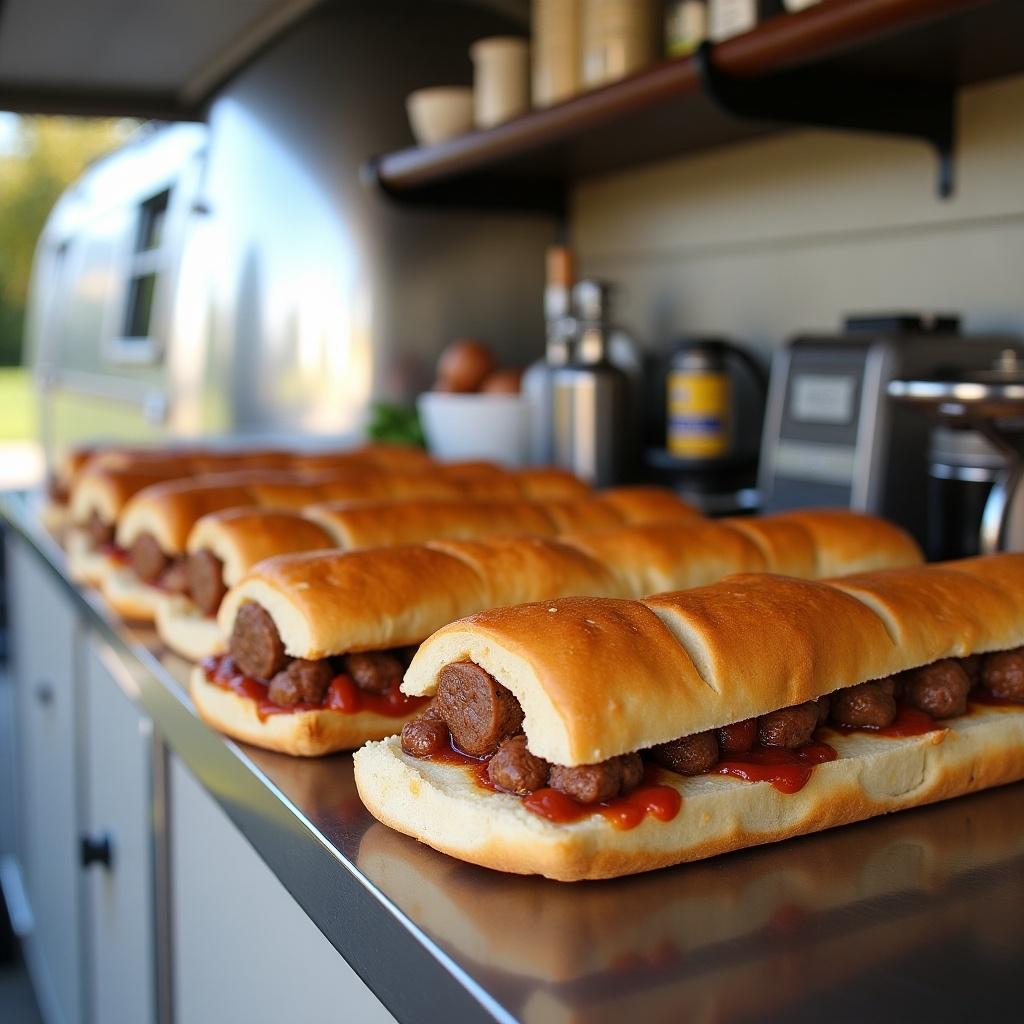 Gourmet sausage rolls and steak pies on a stainless steel counter. Airstream trailer serves food.