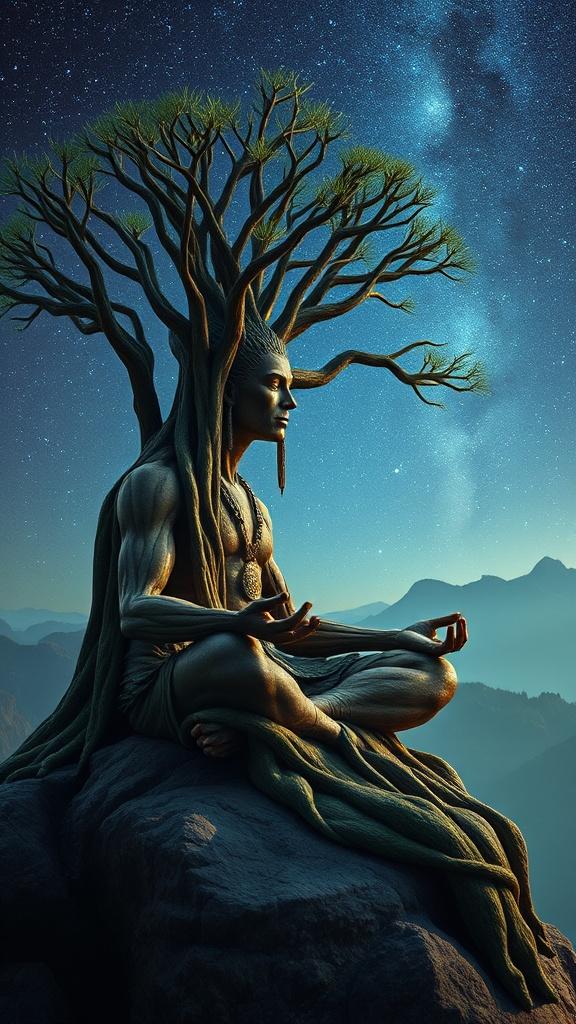 The image depicts a serene scene of a meditative figure sitting cross-legged, seamlessly integrated with a tree that forms part of him, symbolizing unity with nature. The backdrop is a starry night sky, adding a mystical and tranquil atmosphere to the composition. The image beautifully blends elements of humanity and nature, suggesting themes of enlightenment and oneness with the universe.