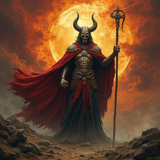 A rectangular image depicting a powerful figure reminiscent of Carmina Burana themes. The figure has horns and wears dramatic attire, holding a staff. The background features a large full moon with swirling clouds and an intense atmosphere.