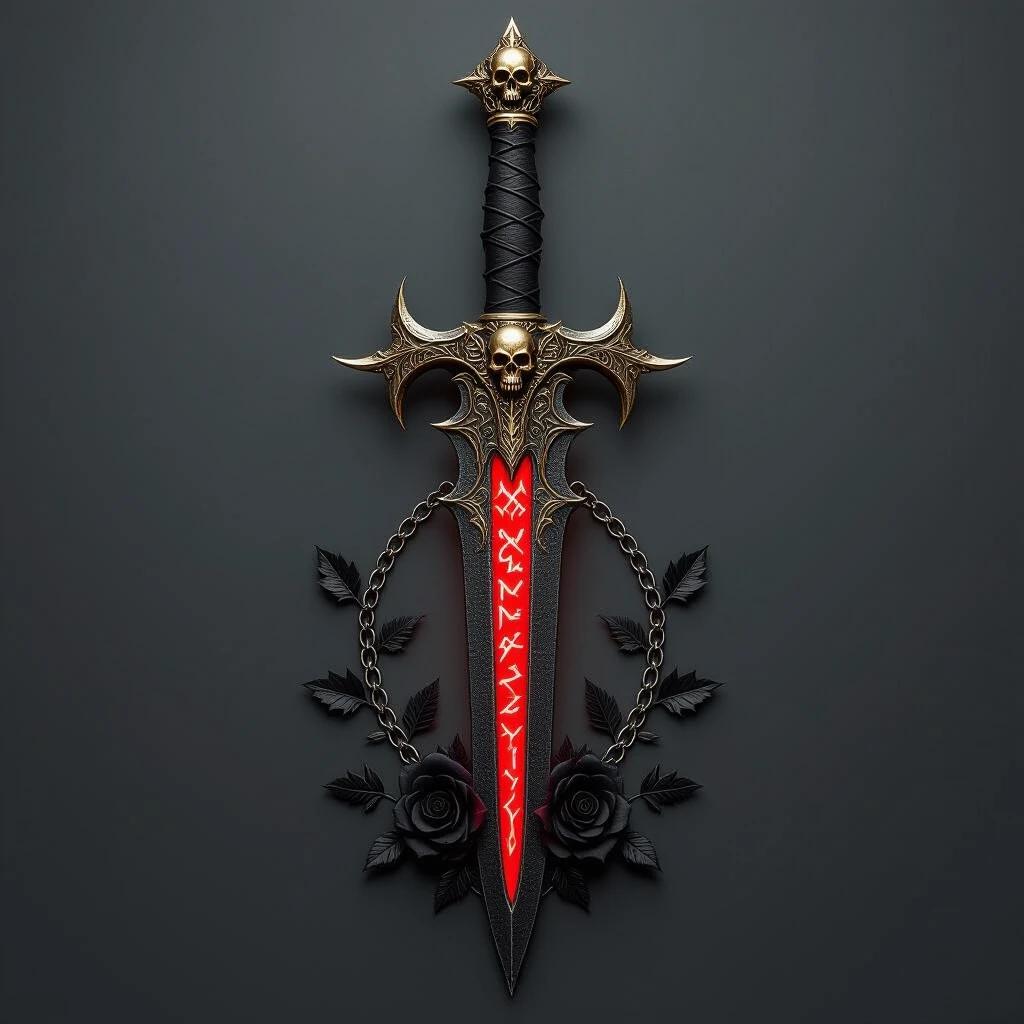 A highly detailed gothic infernal dagger is vertically centered with the blade pointing upward. The dagger has a forged blade made of blackened steel with glowing red runes. The hilt is wrapped in aged leather, featuring ornate gold and silver details, spikes, and a skull at the pommel. The guard resembles jagged bat wings. Black rose petals, thorny vines, and silver chains surround the base of the dagger. The background is solid dark gray with ultra-realistic textures.