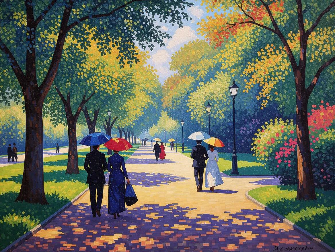 Elegant park scene with families strolling under colorful parasols. Bright sunlight filters through trees. Pointillist technique used with color dots. Luminous effects from dot placement. Museum-quality artwork with vibrant colors. Outdoor setting with walking paths and lampposts.