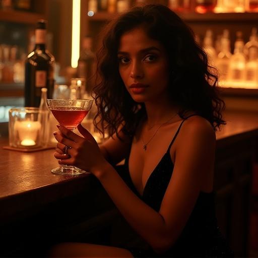 An elegant young woman is seated at a bar. She wears a chic black dress. She holds a cocktail drink. The ambient light is warm and dim. The atmosphere is inviting. Shadows and highlights enhance her appearance.