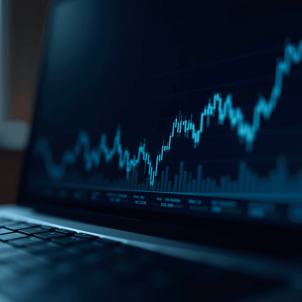 A close-up shot of a laptop showing a financial graph with fluctuating lines and bar charts on the screen.