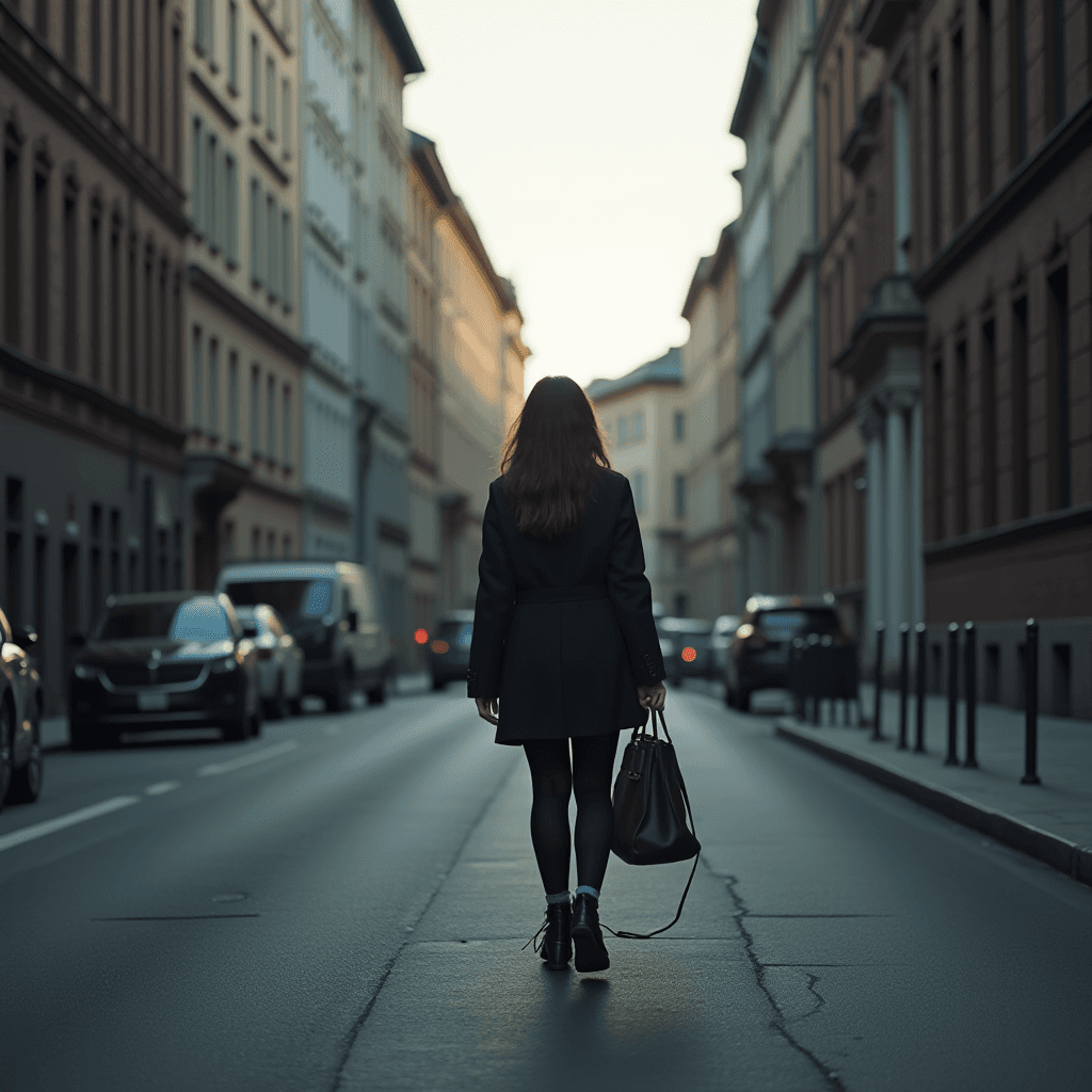 A person walks alone down a quiet, urban street surrounded by tall buildings.