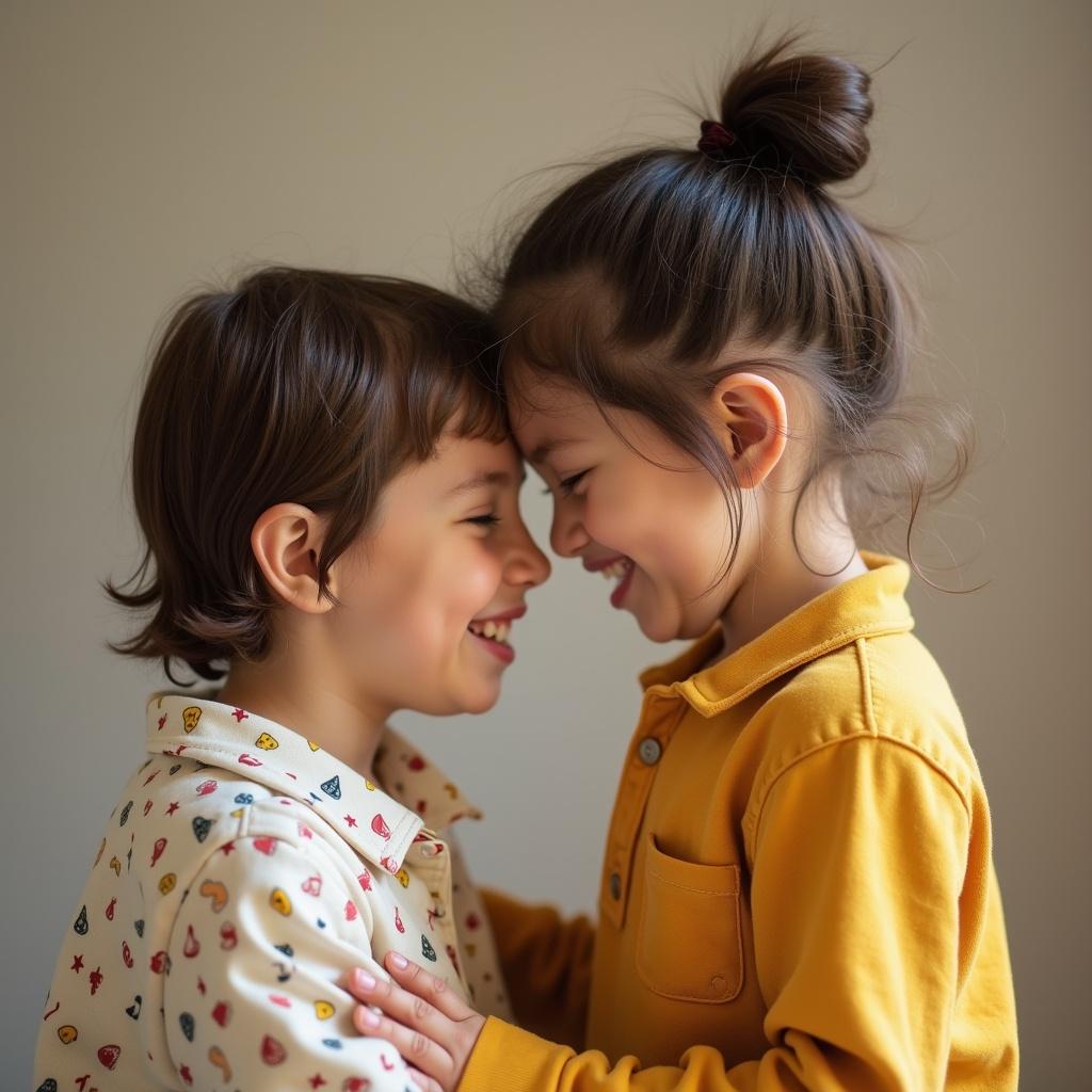 Two children smiling at each other. They stand close, foreheads touching. Natural light illuminates their faces.