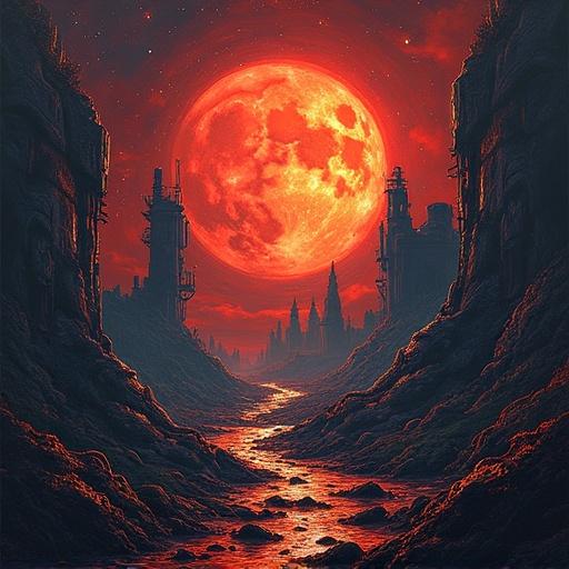 Striking artwork depicts a surreal landscape for a hip hop album cover featuring a large red moon. Text reads 'Last Light - DJ Hoptronixx'.