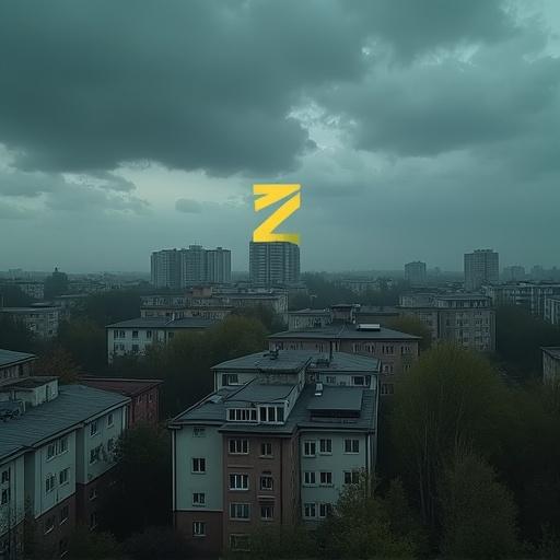 Realistic photo showing a view from a rooftop of densely built Soviet panel houses. Stormy sky with clouds. Yellow lightning-style Z inscription on top. Text 'groza rayona' present.