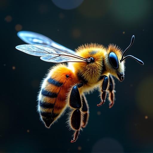Digital artwork of a bee captured in stunning detail. The bee is shown in mid-flight against a soft-focus background. Emphasis on the textures and colors of the bee.