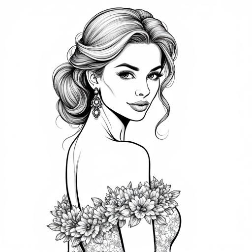 Black and white line art of an elegant woman. She glances over her shoulder with a soft expression. Loose romantic hairstyle with stray tendrils. Wears large jeweled earrings. Off-the-shoulder gown with floral pattern. Clean flowing lines. Sophisticated and charming.