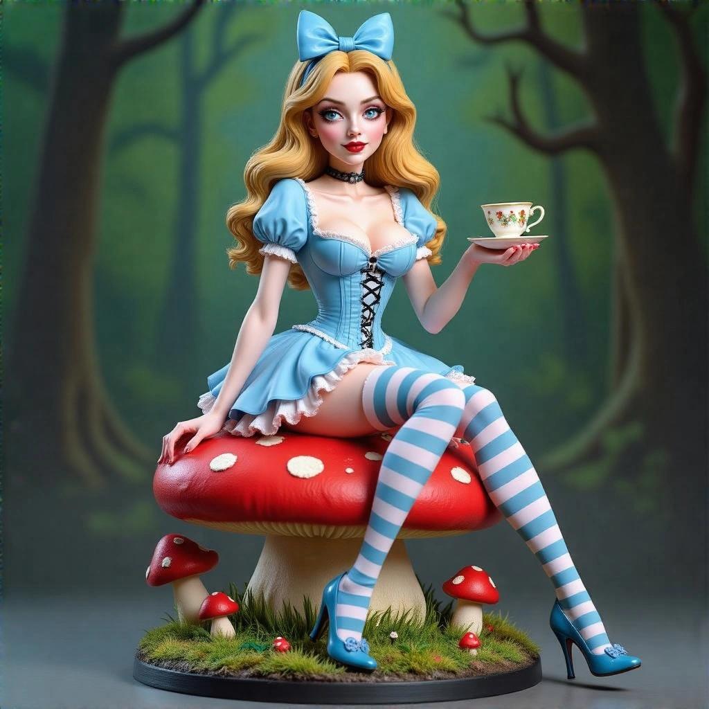 Ultra-detailed resin statue of stylized woman inspired by Alice in Wonderland. Slim curvy figure, mischievous expression. Cross-legged on large red mushroom. Tight light blue corset dress, frilly skirt. Blue bow, long blonde hair. Striped thigh-high stockings, high heels. Flirty pose with teacup. Twisted tree with Cheshire Cat. Poker cards on tree. Magical elements around, like pocket watch and tea cups. Mini diorama style, colorful and textured.