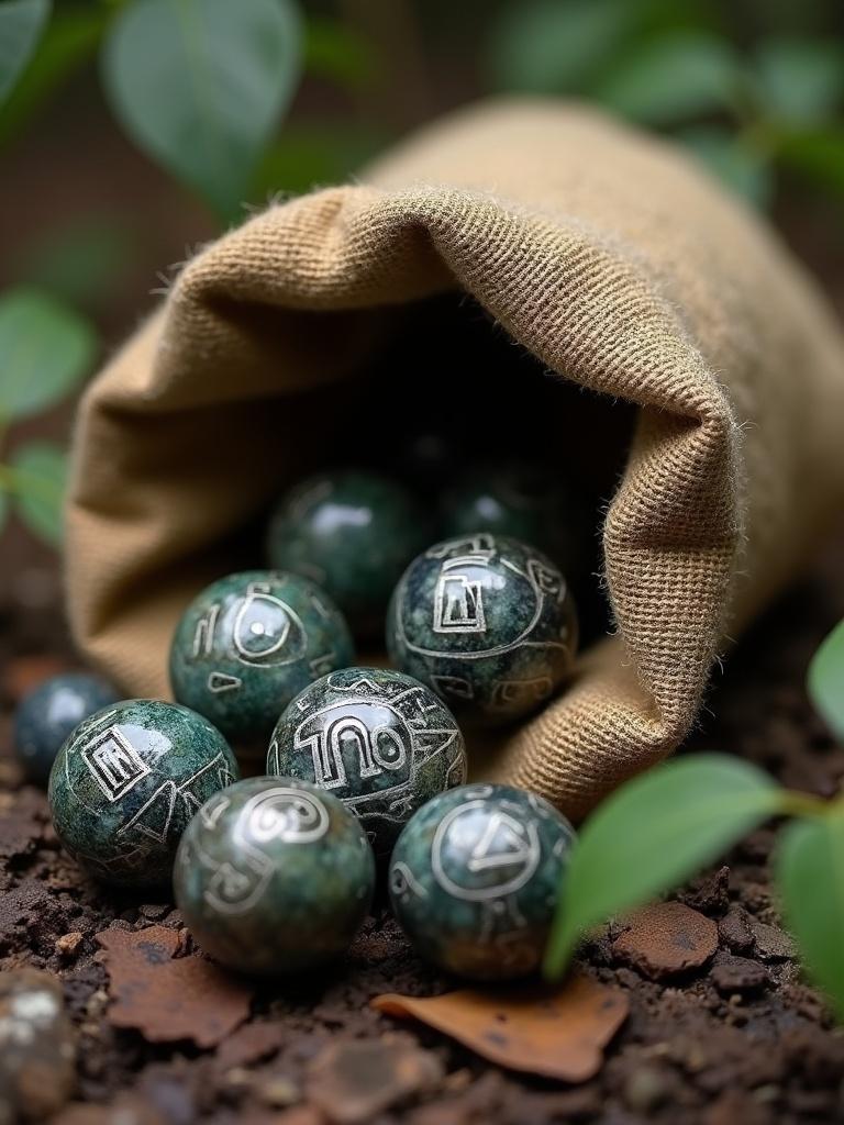 Round marbles made of oxidized sterling silver with etched Maya Hieroglyphs spill out from a light brown canvas sack. The setting resembles an Amazon jungle floor with plants and dark earth.