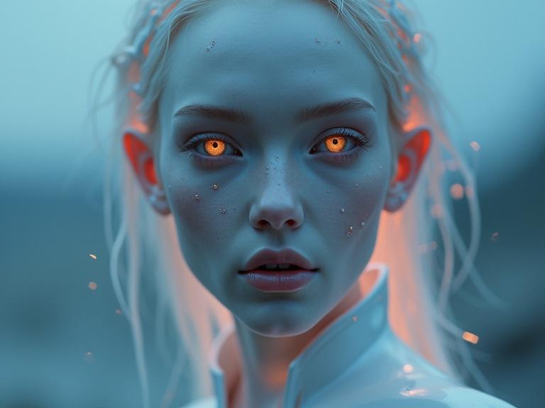 Detailed portrait of an ethereal female android in twilight. Character features ivory-porcelain skin with a faint glow. The atmosphere is softly illuminated by twilight hues. Hair appears delicate with shimmering strands.
