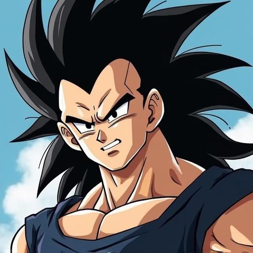 Anime character standing with confidence. Displaying muscular body with thick thighs. Wearing a battle suit covering the upper body. Notable black spiky hair reaching legs. Emphasizing strong facial features with cruel smile and large eyes.