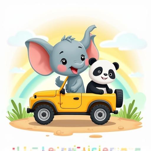 Create a colorful logo featuring a cute baby elephant and a panda riding in a cartoon safari jeep with a rainbow and sunshine background. The design should be playful, with soft shapes and bold, readable text in pastel colors.