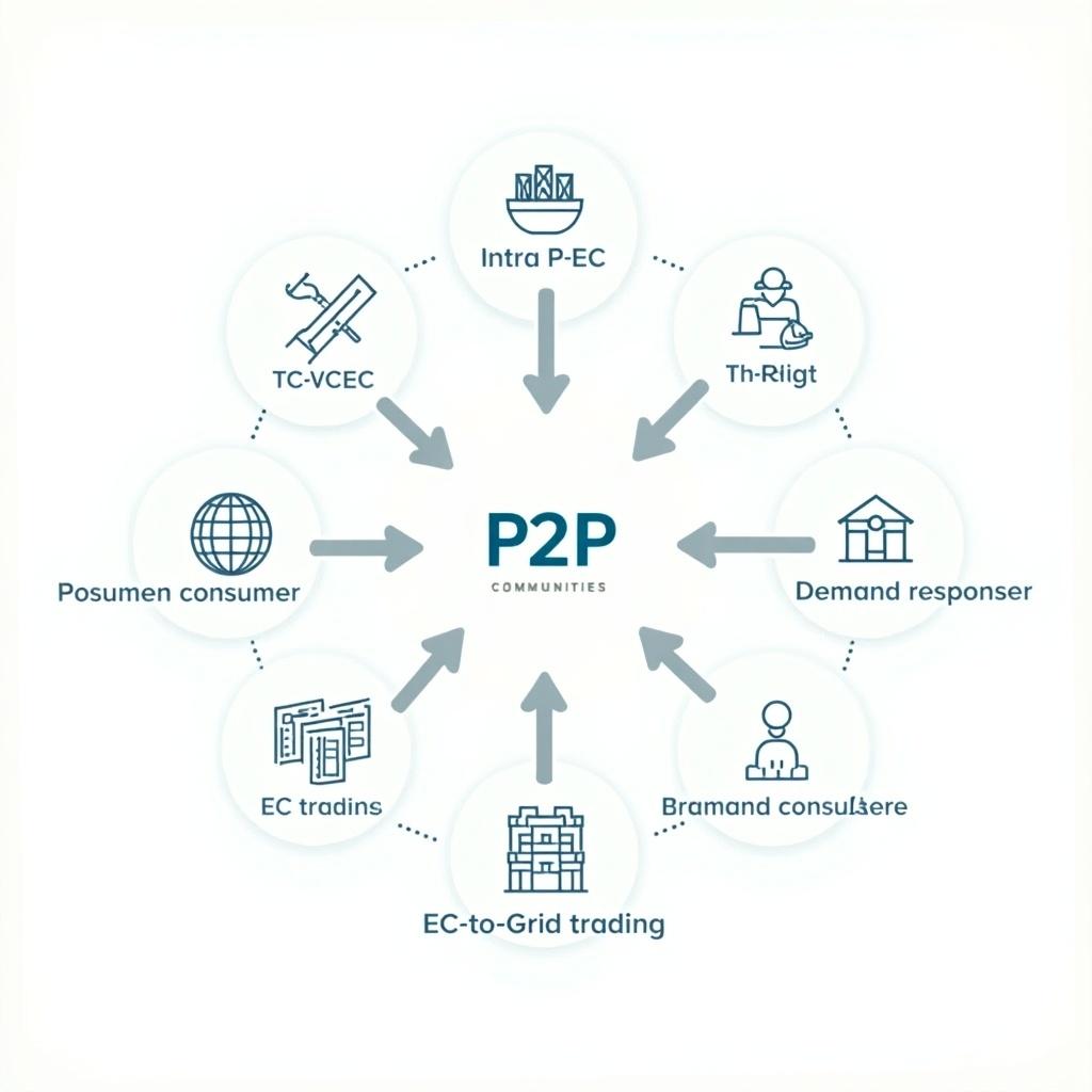 Conceptual 2-D diagram illustrating services for Energy Communities. Shows two-way trading systems and demand response mechanisms. Includes interconnections among stakeholders. Features icons representing photovoltaics, buildings, grid, and energy platforms. Represents intra EC trading, EC-EC trading, EC-to-Grid trading, prosumer-consumer, prosumer-prosumer.