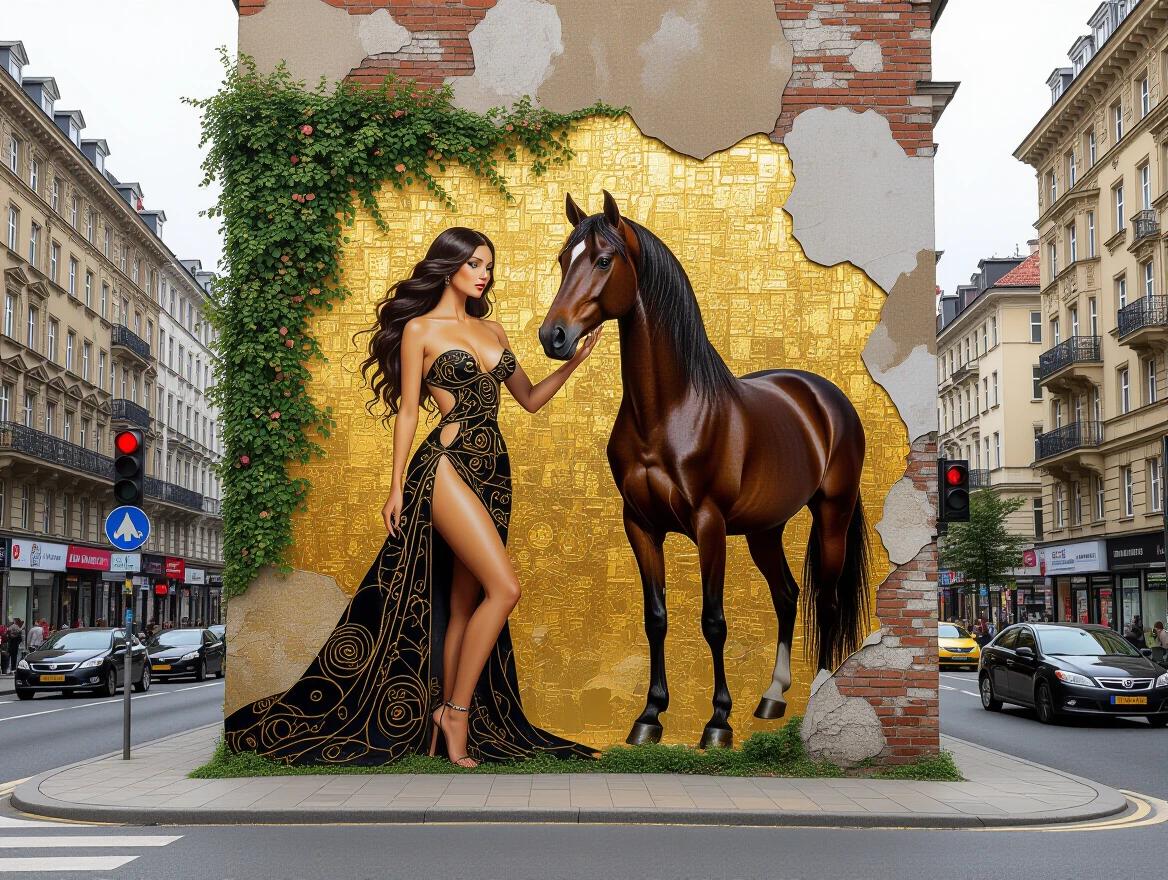 Ultra-realistic full-body 3D art of sexy woman and horse in Klimt style against an old plastered wall covered with climbing bushes in a busy street.