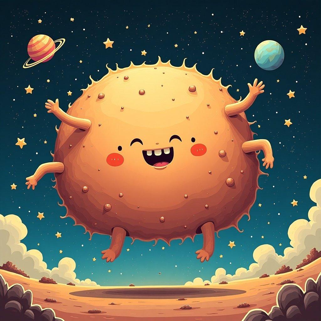 A whimsical depiction of a cartoonish planet with a large, cheerful face and stubby arms. The planet has a textured, rocky surface and is surrounded by stars and other celestial bodies. Planets with rings are visible in the background, and the sky is colorful and starry. The scene conveys joy and playfulness.