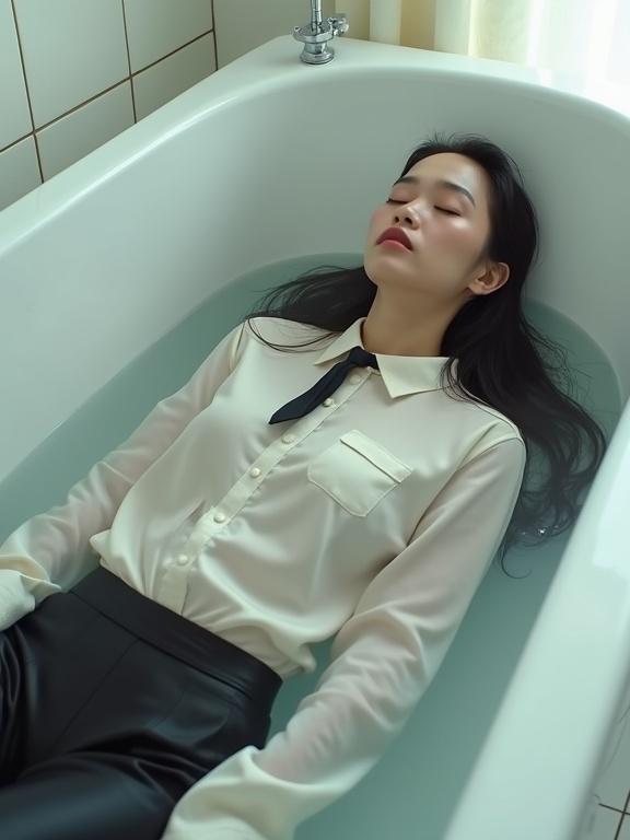 Photography of a woman lying in a white bathtub filled with water. She wears a slightly translucent, wet, long-sleeved white shirt with a dark tie. Her dark-colored, wet satin trousers are visible underneath. Positioned in the upper right, body angled right, head facing slightly towards the viewer. She appears relaxed and calm. Bathtub in a white tiled bathroom, soft diffused lighting. Neutral atmosphere resembling a household scene. Perspective slightly elevated, focusing on her pose in the water. Realistic style without exaggerated features.