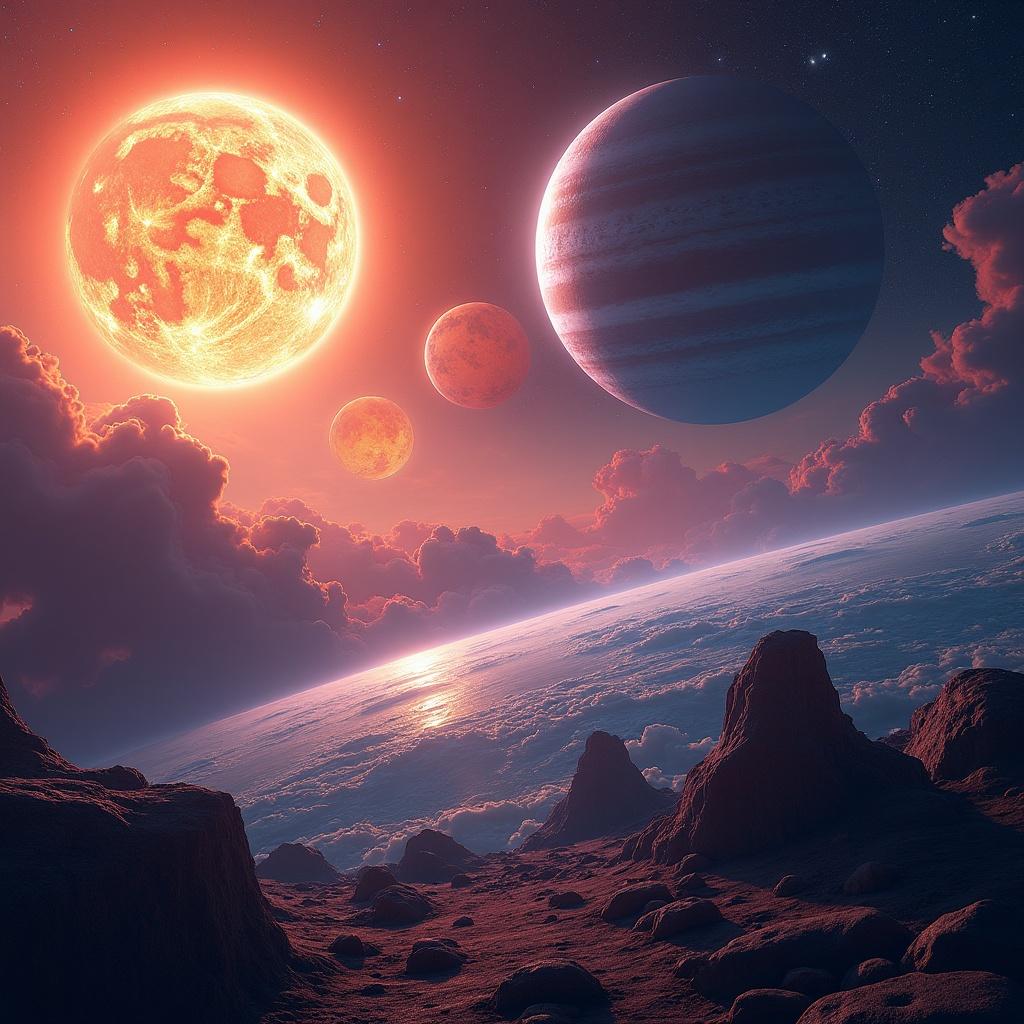 A stunning depiction of a surreal planet landscape with multiple celestial bodies in the sky.