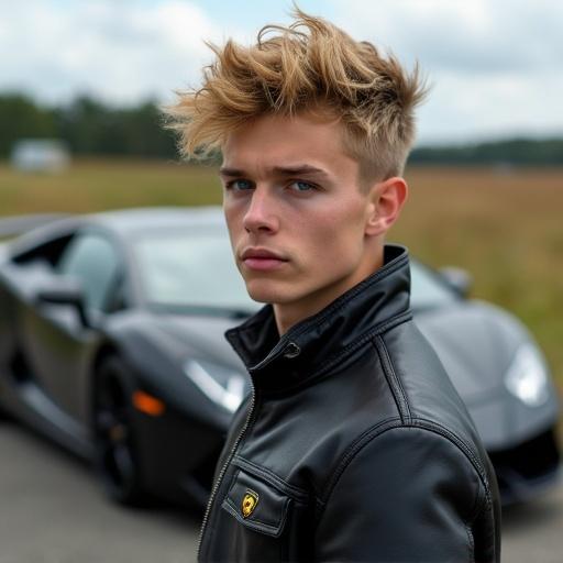 Young man with blond hair and blue eyes in a leather jacket standing near a Lamborghini