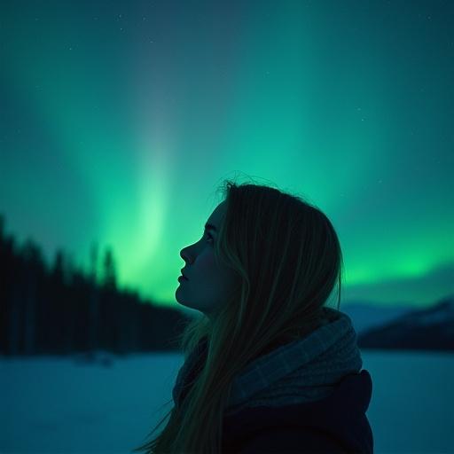 Scene of a young woman gazing at the aurora borealis. The dark sky enhances the vibrant green colors of the aurora. Woman's expression suggests acceptance and wonder. Mesmerizing celestial phenomenon combines beauty and tranquility.