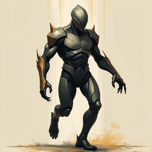 Minimalistic style with a simplified humanoid character. The character features metallic skin with a sleek design. The humanoid is in motion, showcasing speed and power. The design is stripped down with clean lines and abstract shapes. A limited color palette emphasizes a futuristic feel.