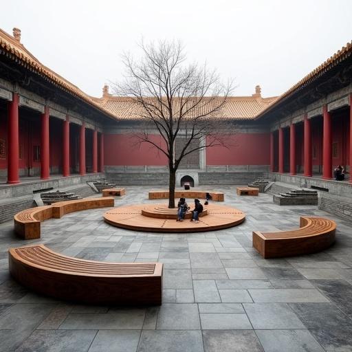 Architectural visualization inside Jingqizhai in the Forbidden City. Wide-angle shot capturing the wooden art installation around a bare tree. Grey-white sky creates a serene mood. Modern installation contrasts with ancient architecture.
