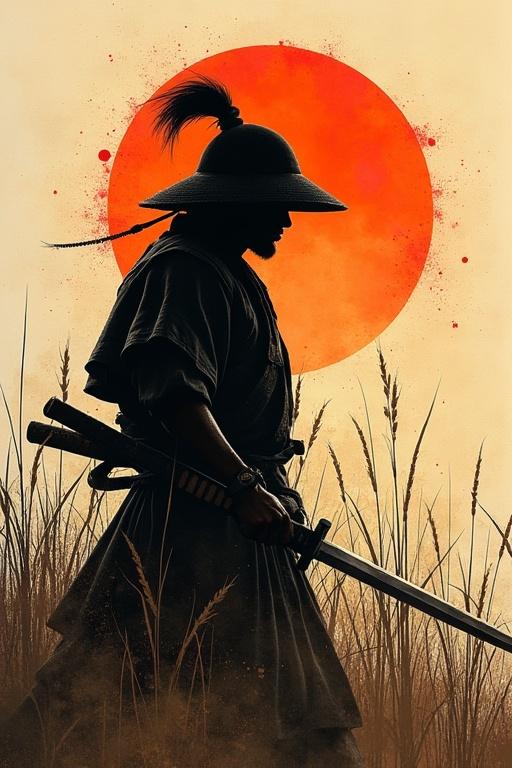 Inkplash art on rice paper inspired by samurai training with katana. Features silhouette against a backdrop of sunrise and rice field, with a reflection in the sword.