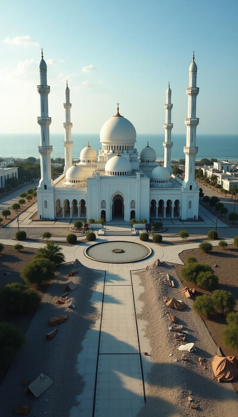 A detailed drone view of Baiturrahman Grand Mosque, located in Banda Aceh, Indonesia. Mosque stands intact amidst rubble from the 2004 tsunami. Scene represents elegance contrasted with devastation. Clear sky above reflects somber atmosphere.