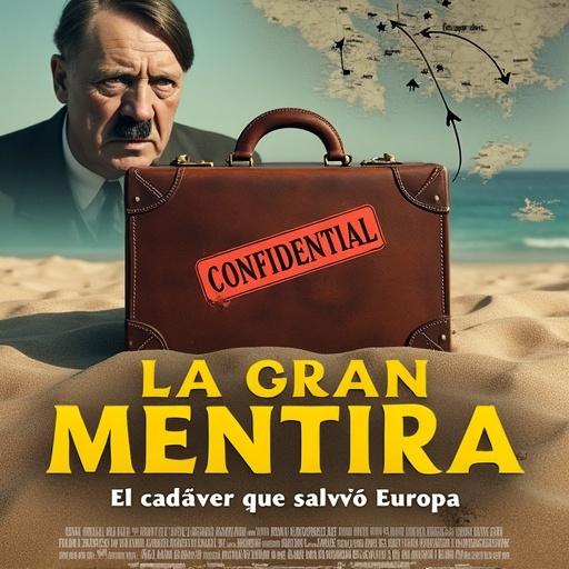 Design a YouTube thumbnail featuring a closed leather briefcase with a red 'CONFIDENTIAL' stamp. The briefcase is on a sandy beach. Background includes an image of Adolf Hitler looking confused and a map with arrows from England to Greece. Use bold yellow text saying 'LA GRAN MENTIRA' and smaller white text below saying 'El cadáver que salvó Europa'. Style resembles a war documentary poster.