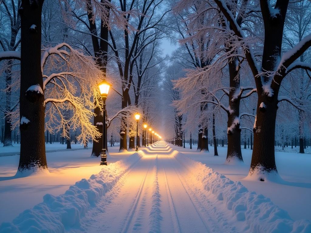 This image depicts a serene winter scene in a park, featuring a snow-covered path. Tall trees on either side are draped with thick layers of white snow, creating a picturesque winter landscape. Street lamps illuminate the snowy surroundings, casting a warm, golden glow that contrasts beautifully with the cool whites and blues of the snow. The path is undisturbed, except for some footprints, suggesting it is a peaceful area with few visitors. In the background, the soft glow of more lights reflects off the fresh snow, enhancing the tranquil ambiance of the night.