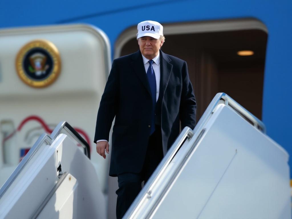 Man wearing a white cap labeled 'USA' descends from Airforce One at Amsterdam Airport. The setting is the NATO summit. Documenting an important moment in international relations between countries. Featuring the presidential attire and characteristic steps taken during arrivals.