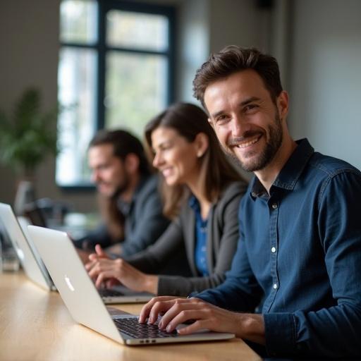 A workspace with young, happy business professionals using Apple devices. They are engaged in a professional setting. The atmosphere is lively yet business-like. People are dressed in diverse professional outfits. The composition avoids crowded corners and focuses on individual expressions without showing many hands.