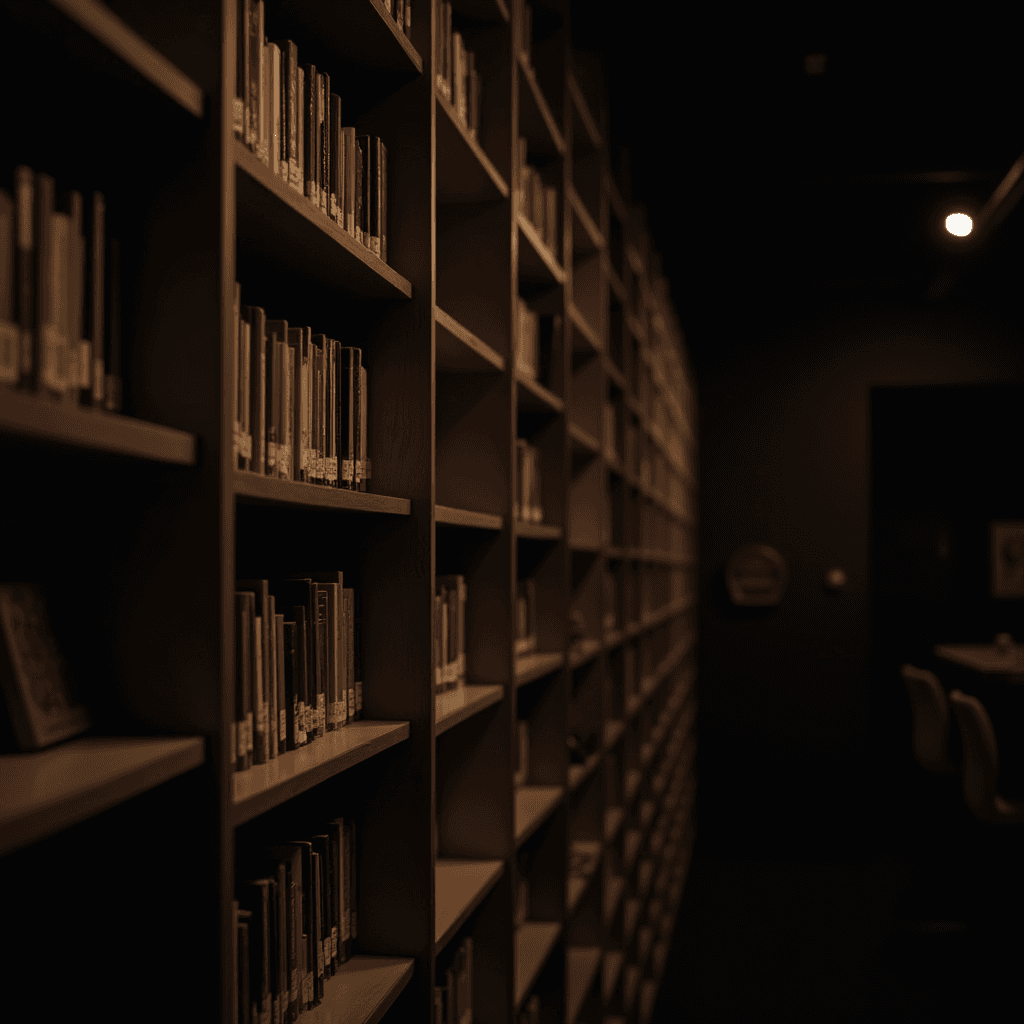 The image showcases a dimly lit library corridor with tall wooden bookshelves filled with neatly arranged books. The lighting is subtle, creating a serene and cozy atmosphere. The shelves recede into the darkness, adding depth and a sense of endless exploration. At the end of the corridor, a few chairs are visible, suggesting a reading area. The overall ambiance is quiet, inviting contemplation and study.