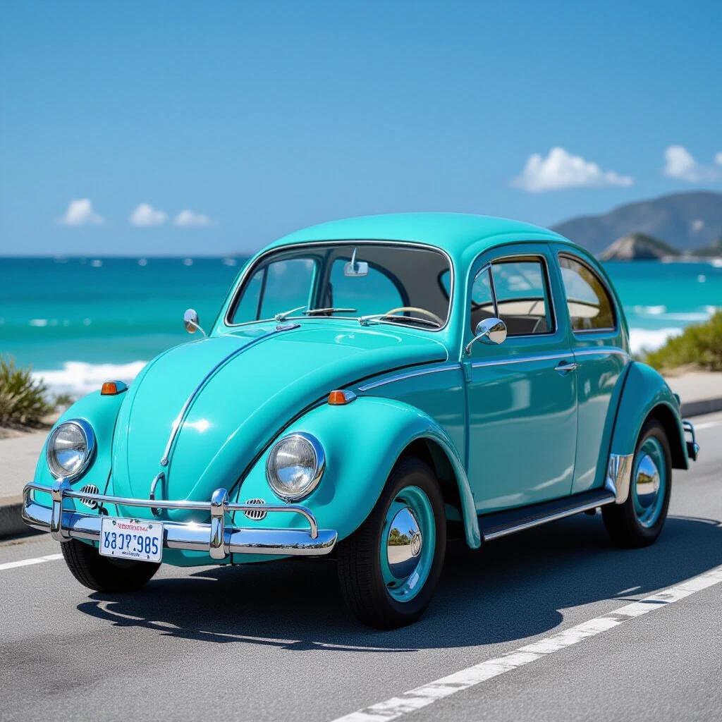 Ultra-sharp archival shot of 1950s Volkswagen Beetle painted in custom turquoise. Car parked at ocean coast under clear sky. Occupies 70% of frame. Water droplets on hood captured. Ocean waves crashing against cliffs. Bright sun highlights car paint and ocean. Long exposure mist effect.