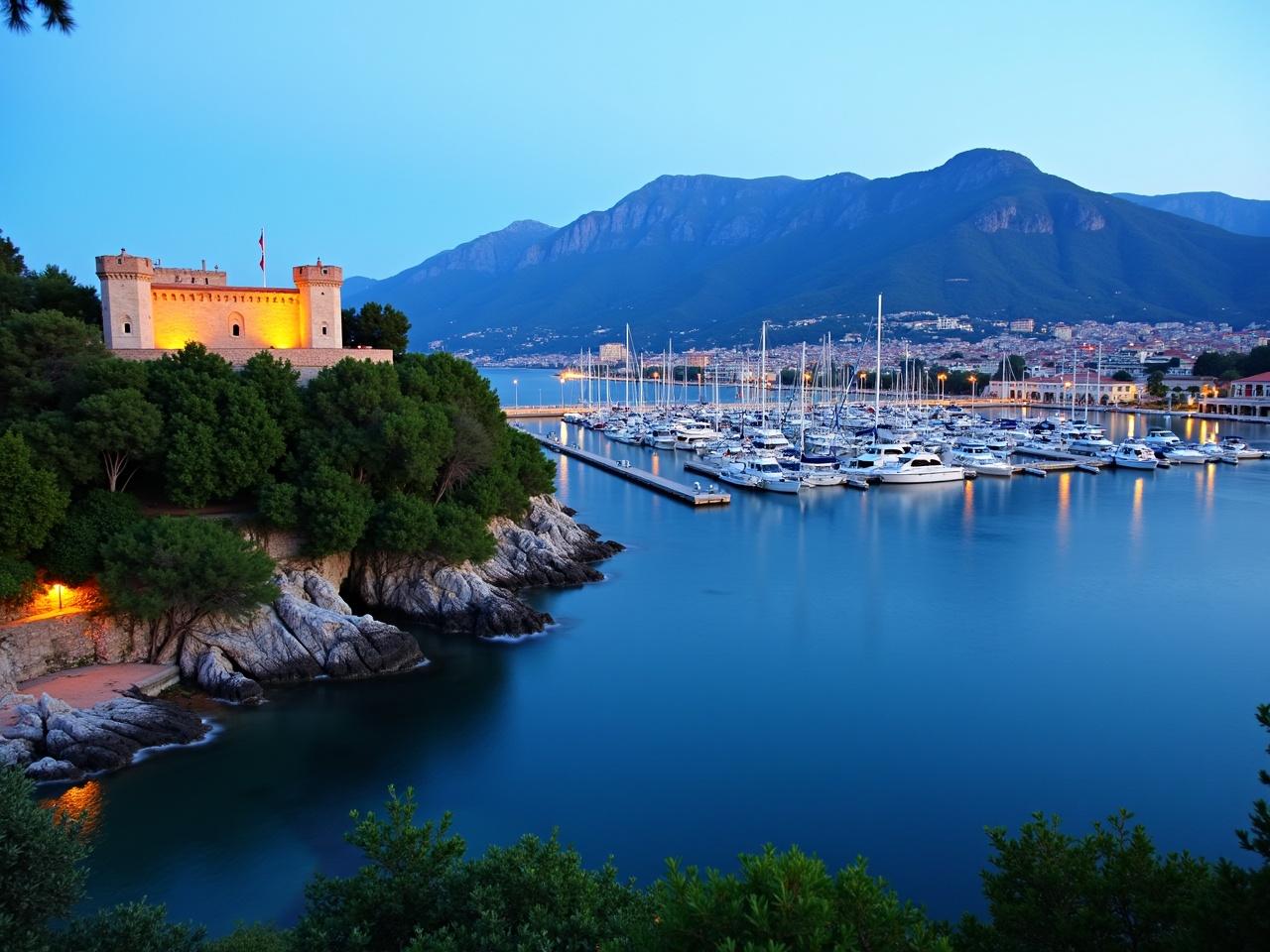 This image presents a scenic view of a coastal area featuring a historical castle. The castle, with its sturdy walls illuminated by warm lights, sits prominently among lush greenery. Below, the calm waters reflect the early evening sky, giving the scene a serene atmosphere. In the background, a bustling marina is visible, with several boats docked at the pier. The mountains rise majestically in the distance, contrasting with the vibrant lights of the city. The overall scene captures the beauty of nature intertwined with historical architecture.