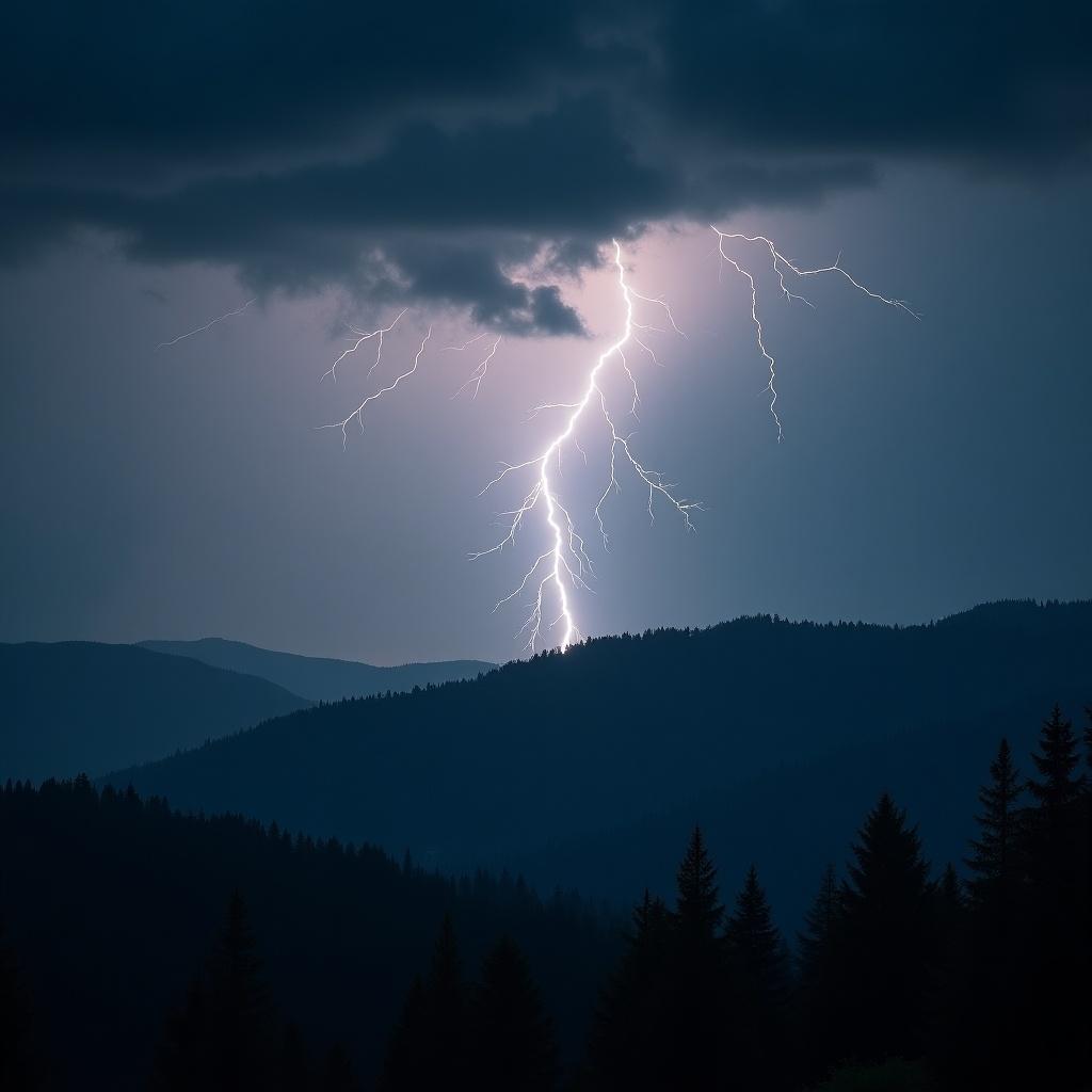 Dramatic scene of lightning over dark, towering storm clouds and mountainous landscape with pine forest.