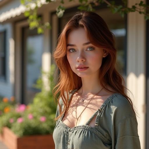 Realistic amateur photo of girl next door type standing in front of quaint country store on sunny afternoon. She has dark auburn hair and blue-grey eyes. Dressed comfortably in casual style with realistic skin.
