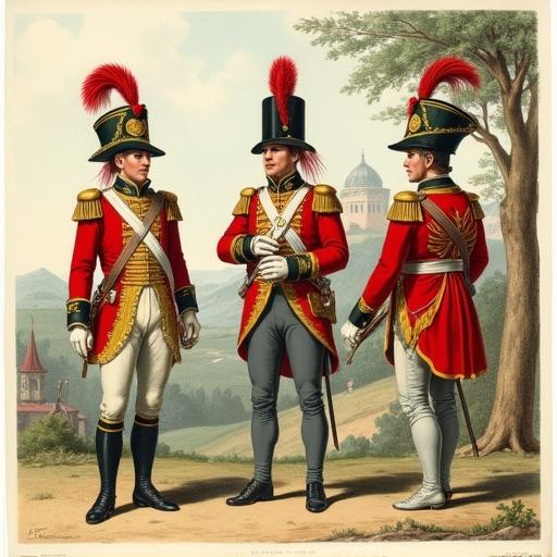 Illustration of three military figures. First figure is a Tambour-Major with a high 'Albert' Shako, scarlet tunic, golden embellishments, holding a major's staff. The second figure is a Cornettiste in red tunic, green plume, with a cornet. The third figure is a Drummer in a similar tunic holding a decorated drum. Background features trees and a castle-like structure. Artwork resembles a uniform plate by Richard Simkin.