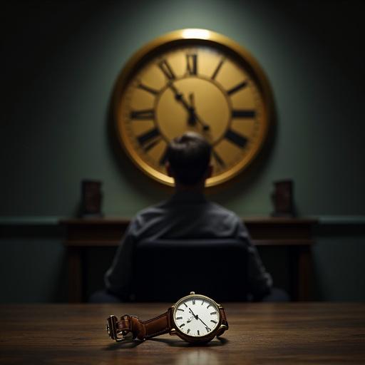 Person sits alone in dark room with broken watch on table. Second frame shows same person in luxurious office with golden clock behind. Moody contrast rich detail.