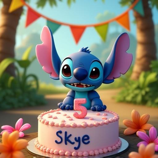 Stitch character celebrating 5th birthday with cake. Cake has name Skye. Scene in tropical park with flowers and banners.