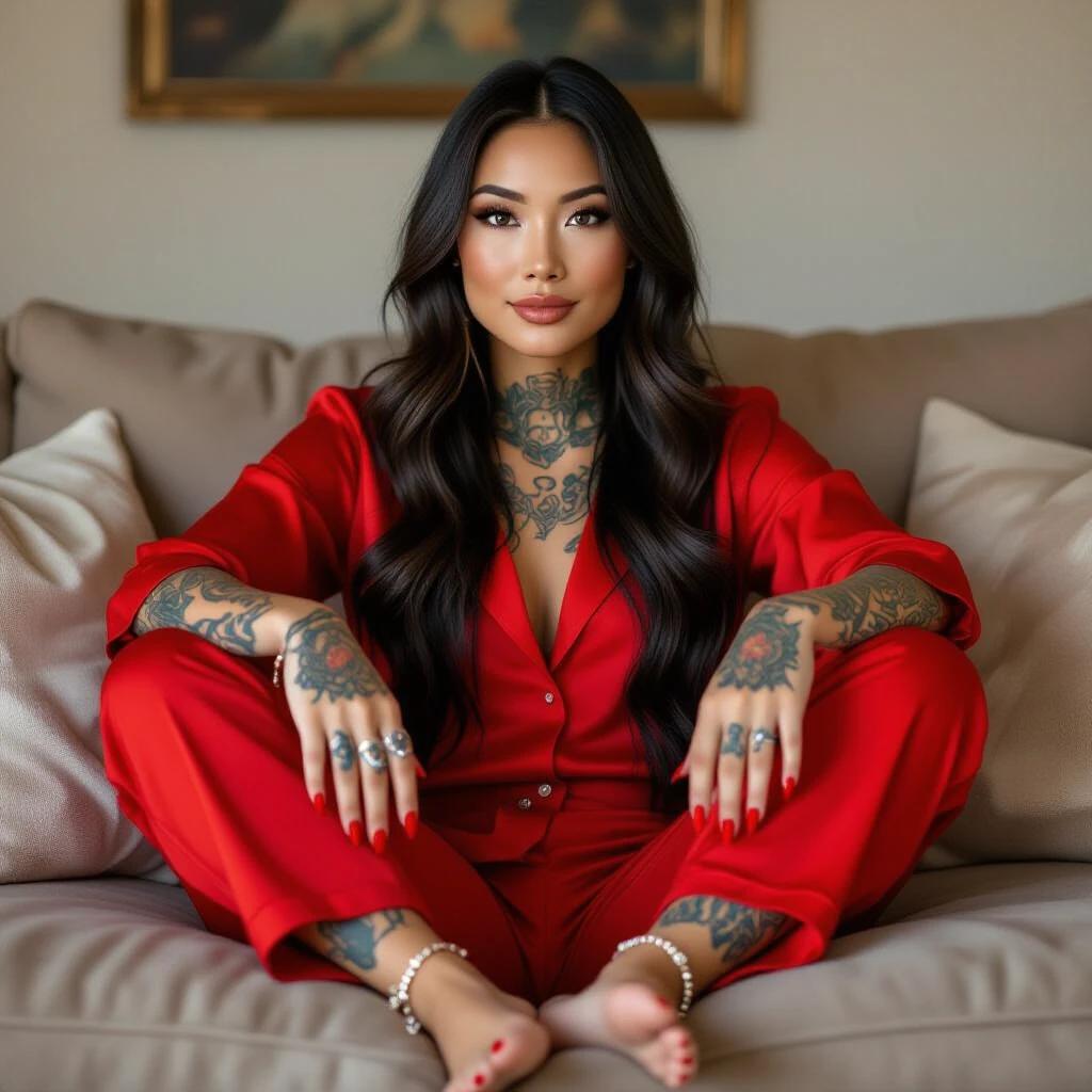 Asian woman with long black hair and brown eyes. Has tattoos and red nails. Wearing red pajamas while sitting on a couch. Feet resting on a cushion. Stylish anklets and toe rings visible.