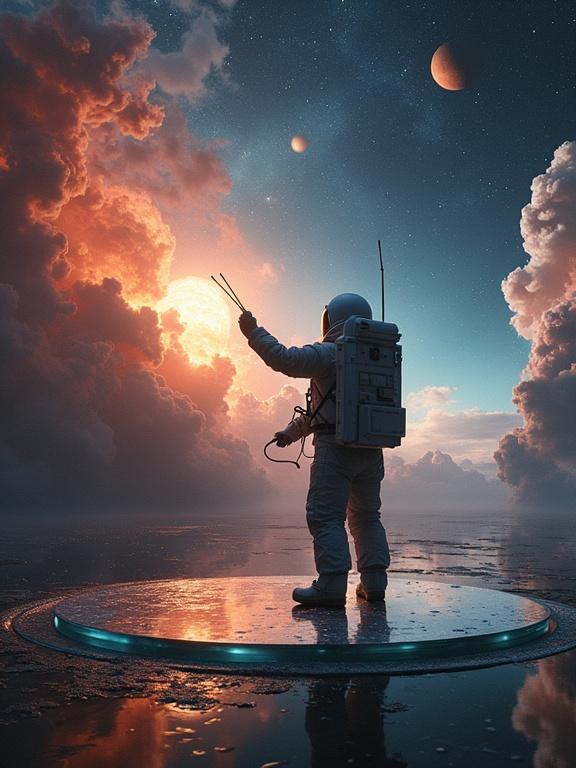 An astronaut conducts an orchestra of space phenomena. Supernovae explode rhythmically. Pulsars mark time like metronomes. Planetary rings undulate like harp strings. The scene features a reflective glass platform. Subatomic particles dance visibly. Black holes absorb and transform light.
