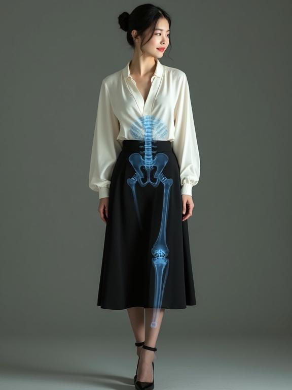 Full-body image presents a mid-20s East Asian female in a pearl-white V-neck chiffon blouse paired with a black knee-length skirt. She stands casually showing her elegant jade-white legs wearing sheer black pantyhose and black low-block heels with ankle-strap. Neatly bunned black hair and red lips form a slight smile. An X-ray view through her torso exposes internal mechanical components.